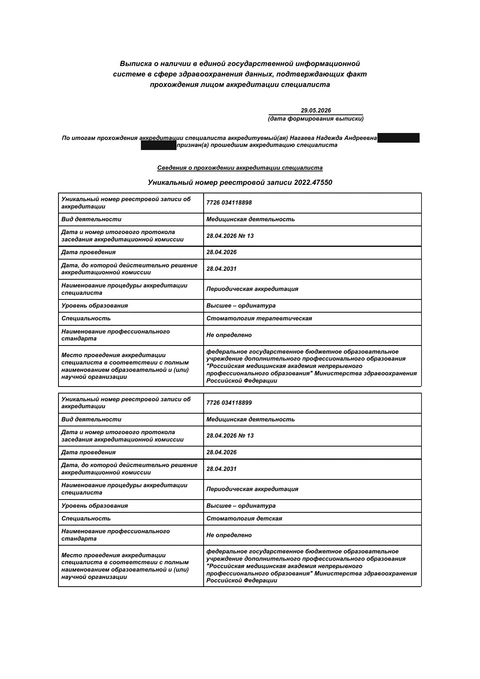 Нагаева Надежда Андреевна — выписка об аккредитации 1