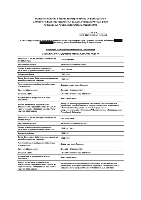 Лунегова Людмила Николаевна — выписка об аккредитации 1